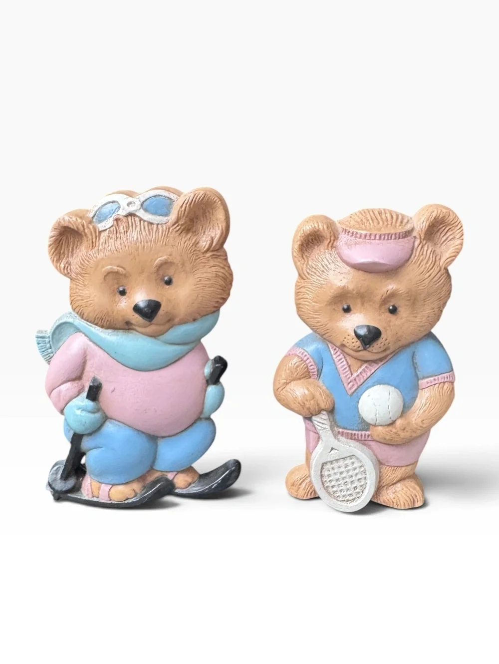 Vintage Burwood Teddy Bear Sports Wall Plaques Set of 2 Ski Tennis 1980s Pastel